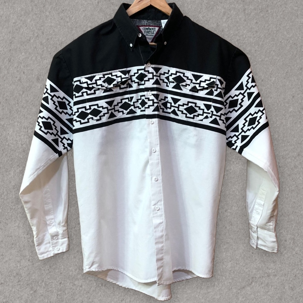 Vintage 90’s Native Tribal Print Black Color Block Country Western Cowboy Shirt